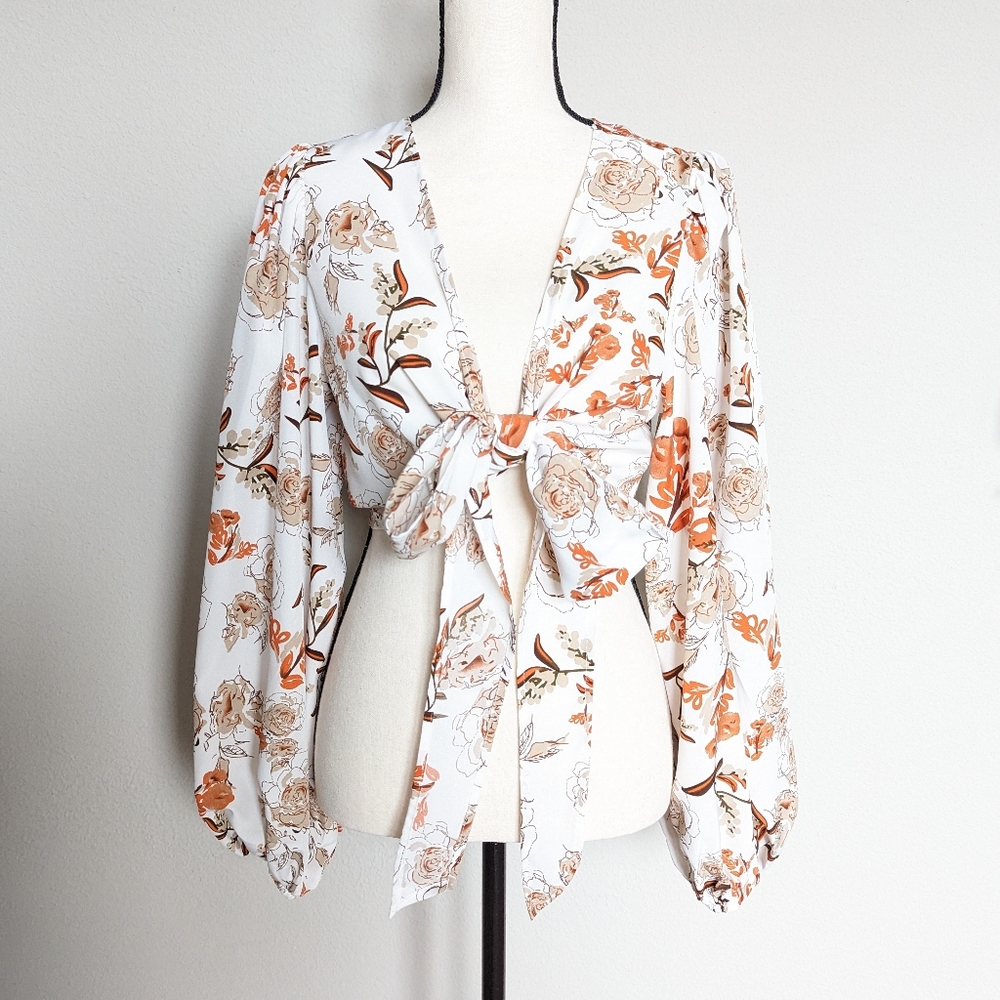White, orange tan and brown floral tie front balloon long sleeve blouse size L